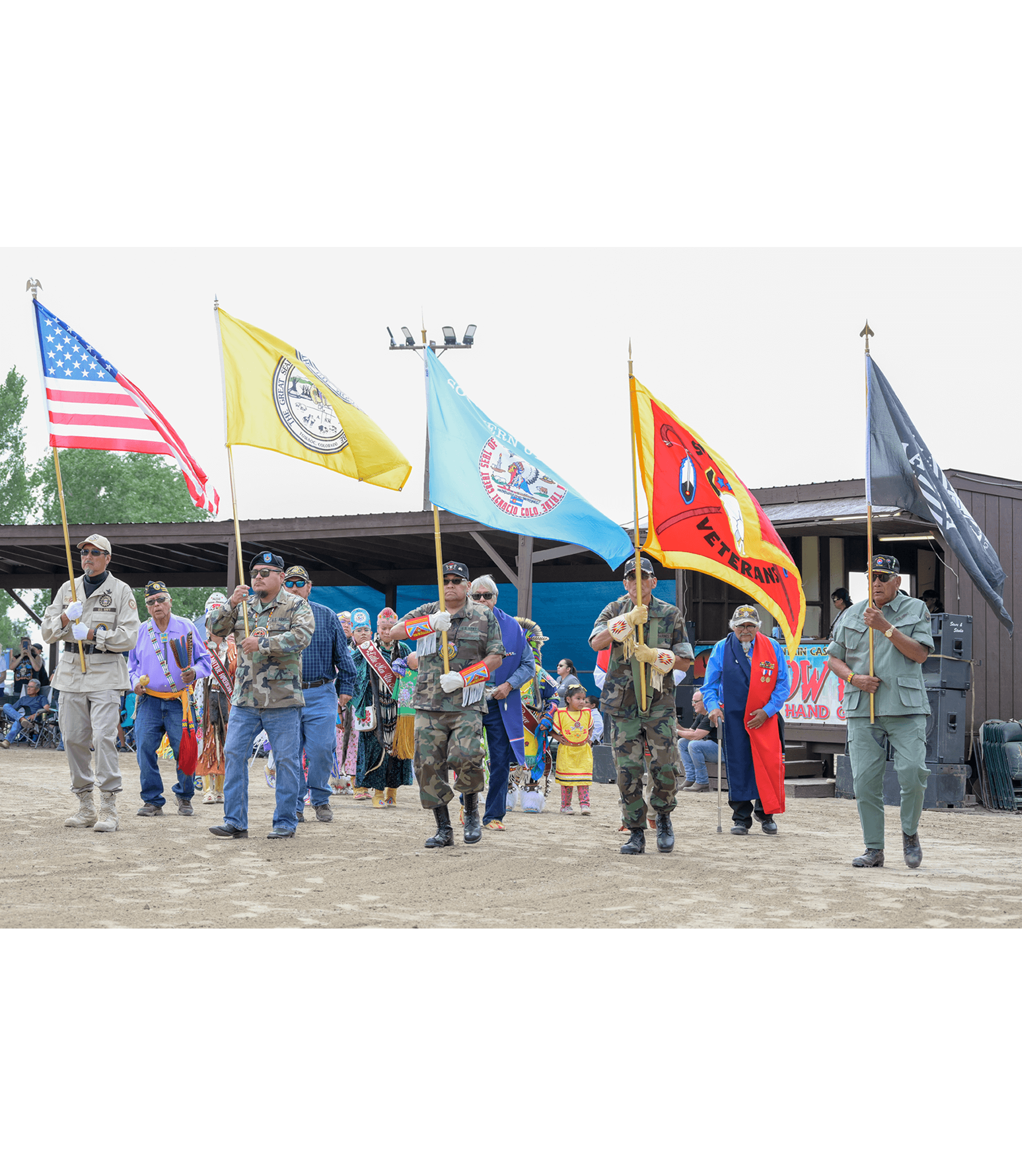 Southern Ute Veterans Association members joined Ute Mountain Ute Color Guard during Grand Entry